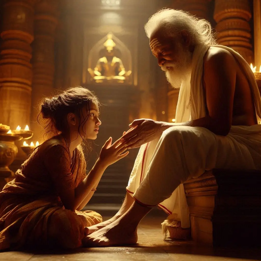 A young Indian village girl in mandir