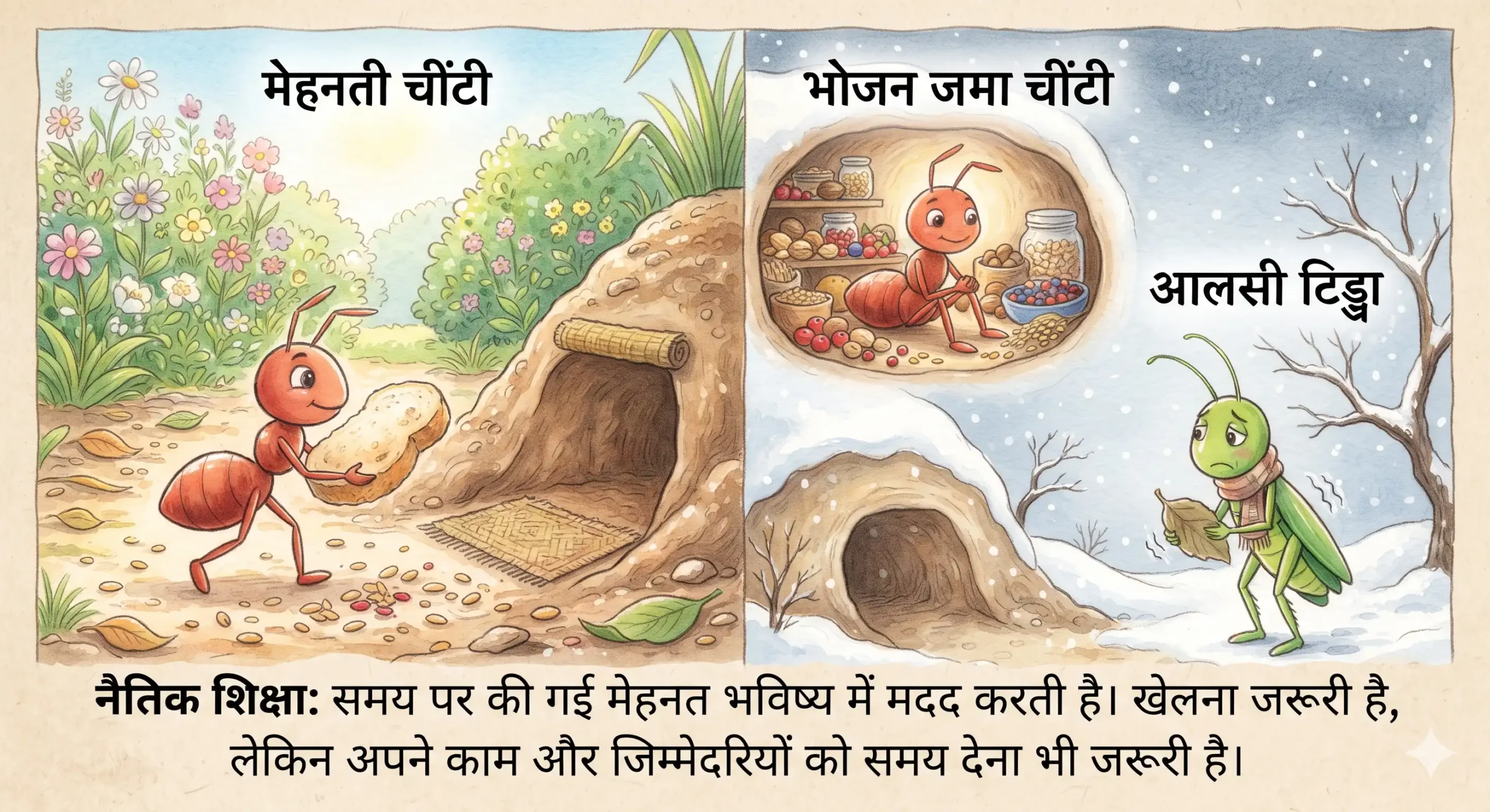 10 Best Hindi Moral Stories For Kids – बच्चों की 10 नैतिक कहानियाँ 5 मेहनती चींटी और आलसी टिड्डा